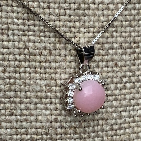 PINK OPAL & CZ 925 STERLING SILVER NECKLACE, 18 INCHES - Picture 4 of 7